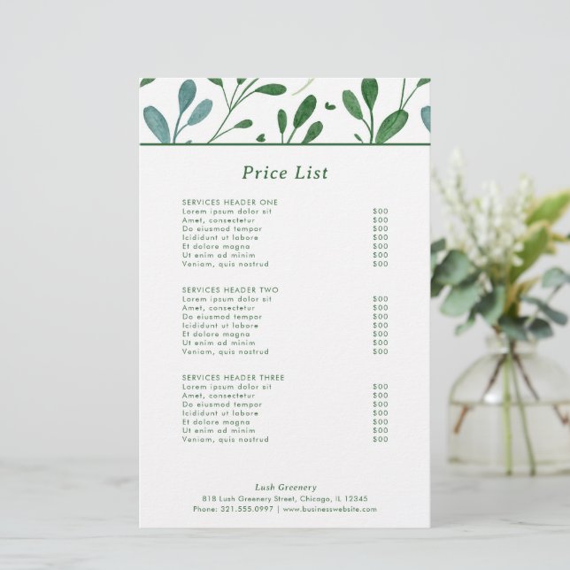 Botanical Greenery Modern Business Price List (Standing Front)