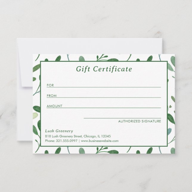 Botanical Greenery Modern Gift Certificate (Front)