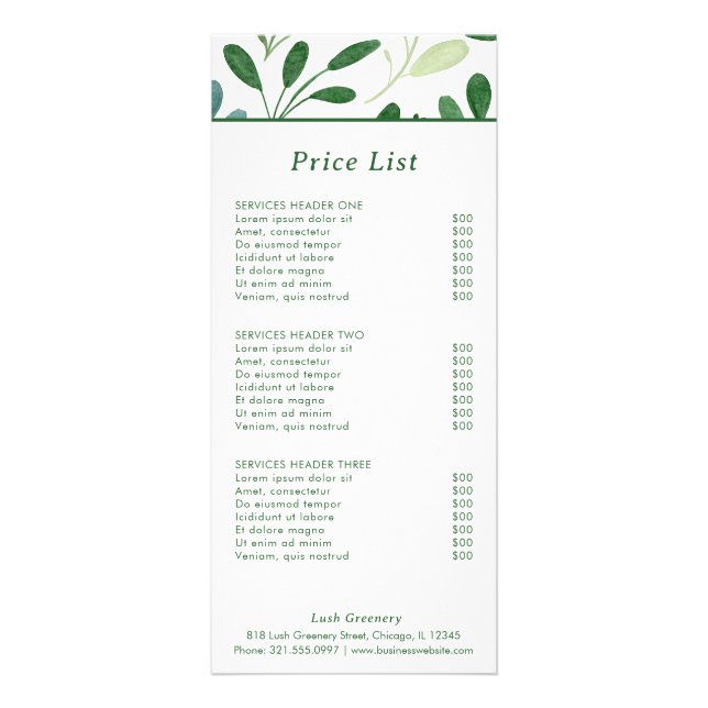 Botanical Greenery Modern Rack Card (Front)
