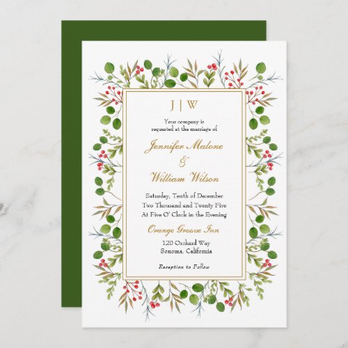 Botanical Greenery Monogam Christmas Wedding Invitation