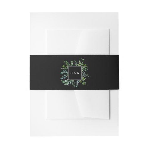 Botanical Greenery Monogram Black Wedding Invitation Belly Band