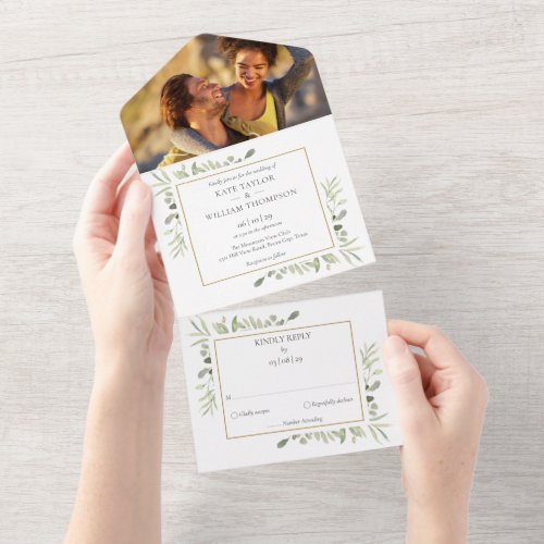 Botanical Greenery Monogram Photo Wedding All In One Invitation