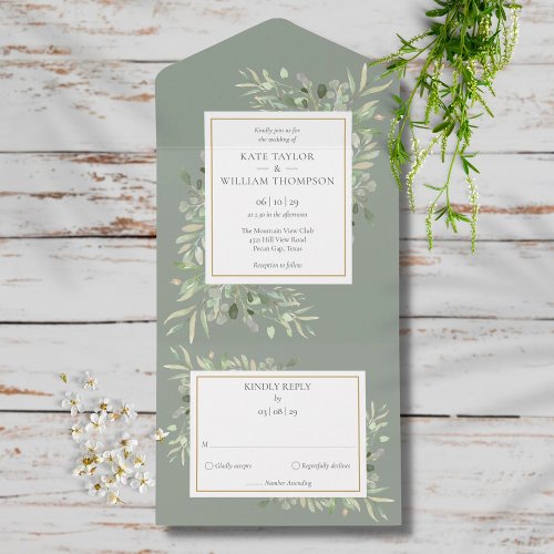 Botanical Greenery Monogram Sage Green Wedding All In One Invitation