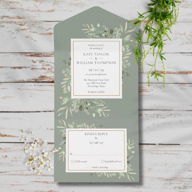 Botanical Greenery Monogram Sage Green Wedding All In One Invitation (Creator Uploaded)
