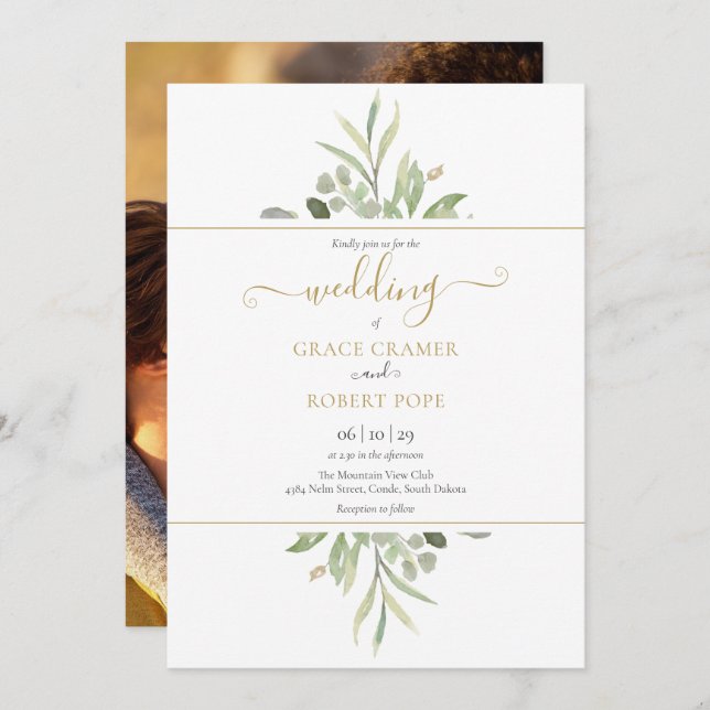 Botanical Greenery Photo Gold Script Wedding Invitation (Front/Back)