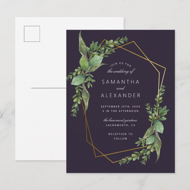 Botanical Greenery Purple & Gold Geometric Wedding Invitation Postcard (Front/Back)
