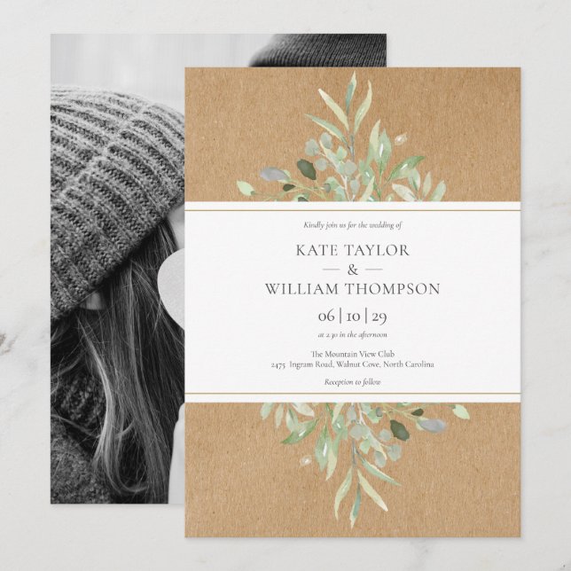 Botanical Greenery Rustic Kraft Photo Wedding Invitation (Front/Back)