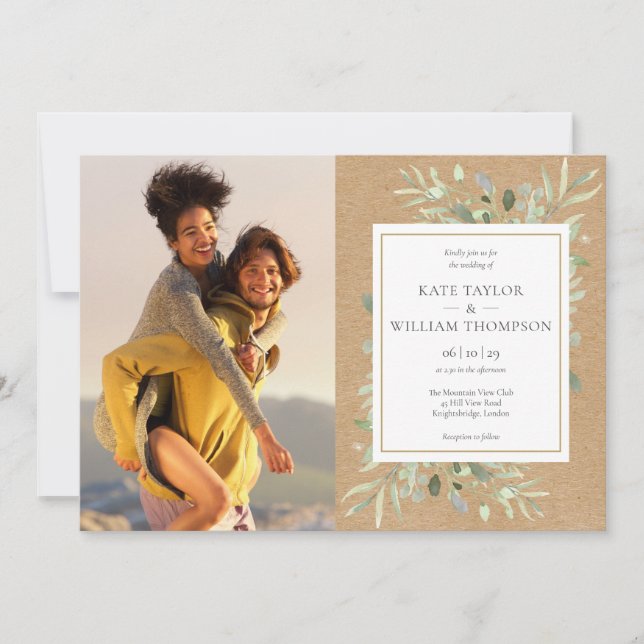 Botanical Greenery Rustic Kraft Photos Wedding Invitation (Front)