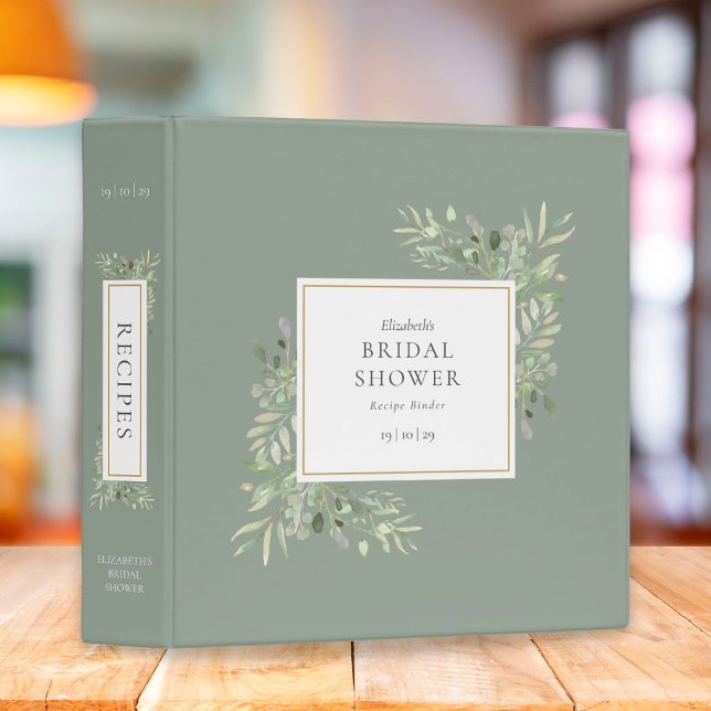 Botanical Greenery Sage Green Bridal Shower Recipe 3 Ring Binder (Creator Uploaded)