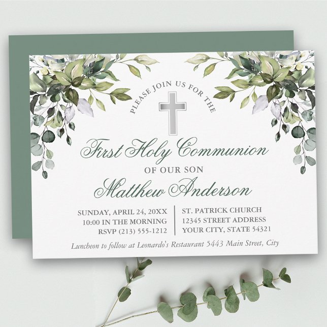 Botanical Greenery Sage Green First Communion Invitation (Customize to change text color,  size, style or to change color of back of card.)