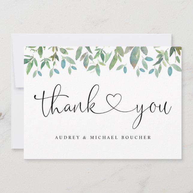 Botanical Greenery Sage Green Heart Wedding Thank You Card (Front)