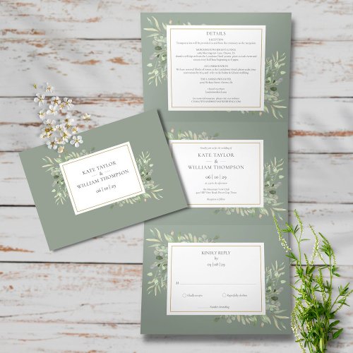 Botanical Greenery Sage Green Photo Wedding Tri_Fold Invitation