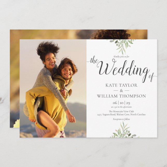 Botanical Greenery Script Wedding Photos Invitation (Front/Back)