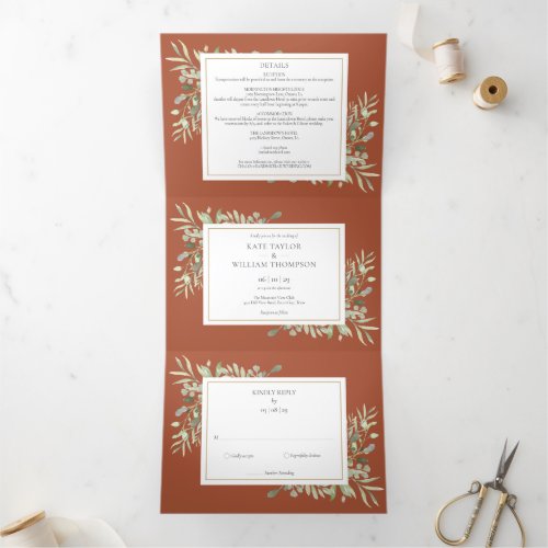 Botanical Greenery Terracotta Photo Wedding Tri_Fold Invitation