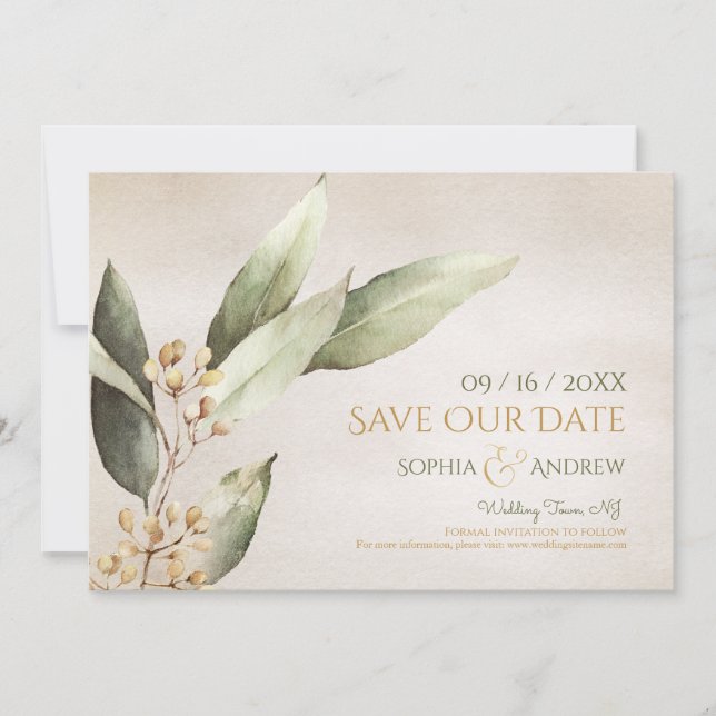 Botanical greenery vintage rustic save the date (Front)