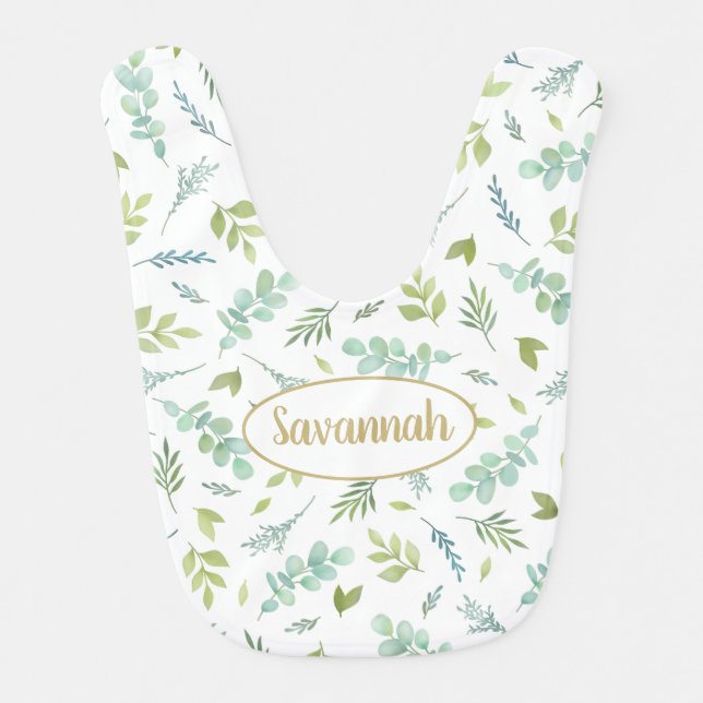 Botanical Greenery Watercolor Baby Bib (Front)