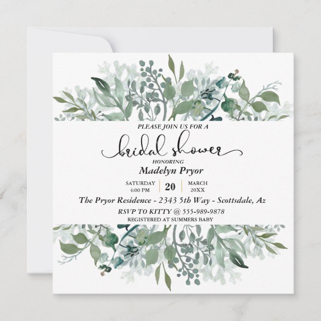 Botanical Greenery Watercolor Bridal Shower Invitation (Front)