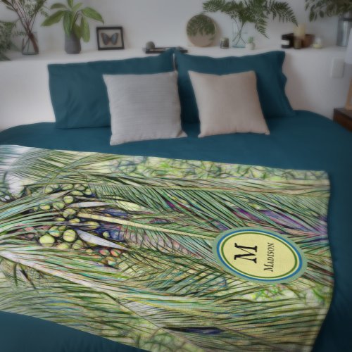 Botanical Greenery Watercolor Coconuts Monogram Duvet Cover