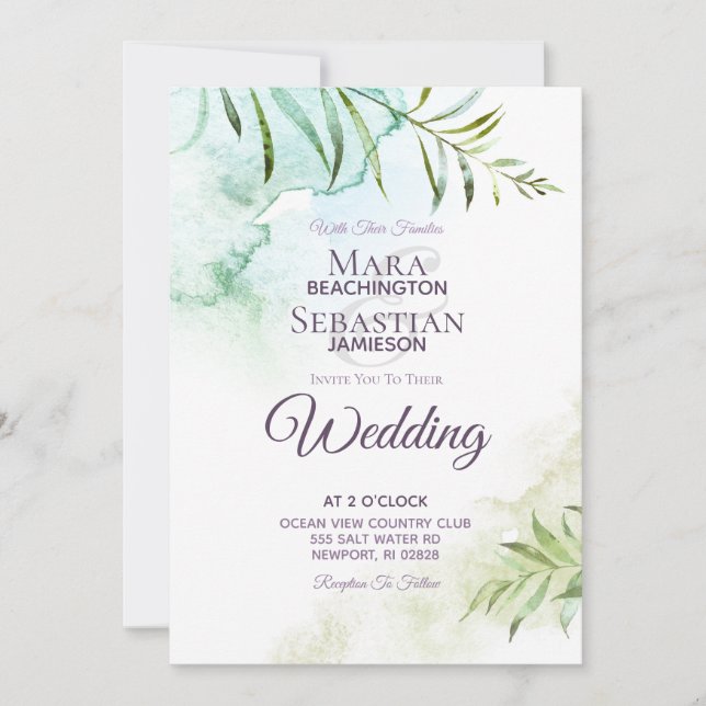 ~  Botanical Greenery  Watercolor Elegant Wedding Invitation (Front)