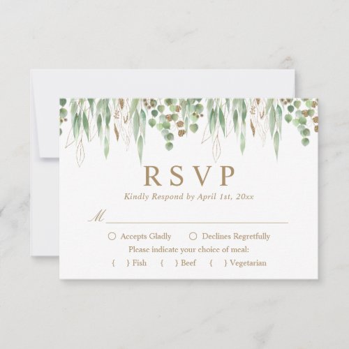 Botanical Greenery Watercolor Gold Wedding RSVP Card