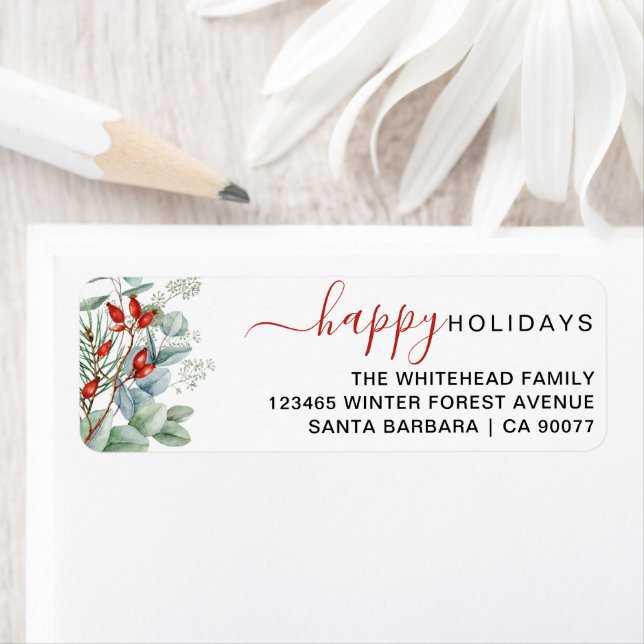 Botanical Greenery Watercolor Happy Holiday Label (Insitu)