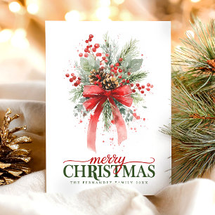 Botanical Greenery watercolor Merry Christmas Holiday Card