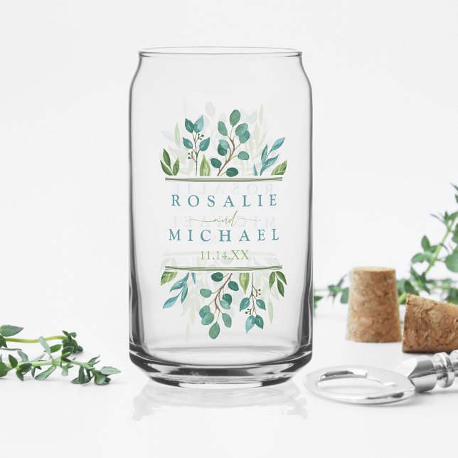 Botanical Greenery Wedding Can Glass (Botanical Greenery Can Glass With Custom Name and Date )
