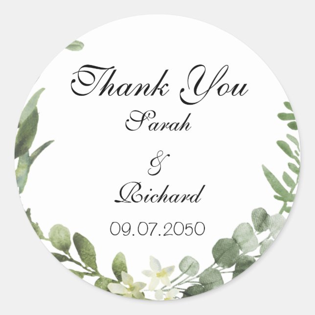 Botanical Greenery Wedding  Classic Round Sticker (Front)
