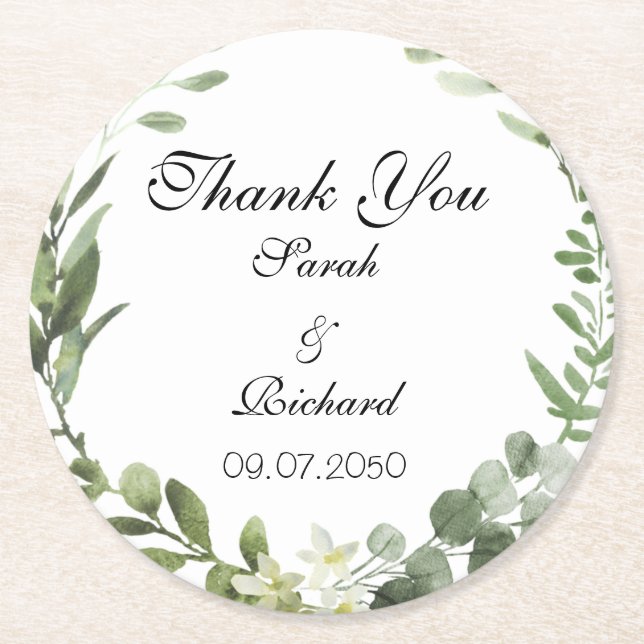 Botanical Greenery Wedding  Classic Round Sticker Round Paper Coaster (Front)