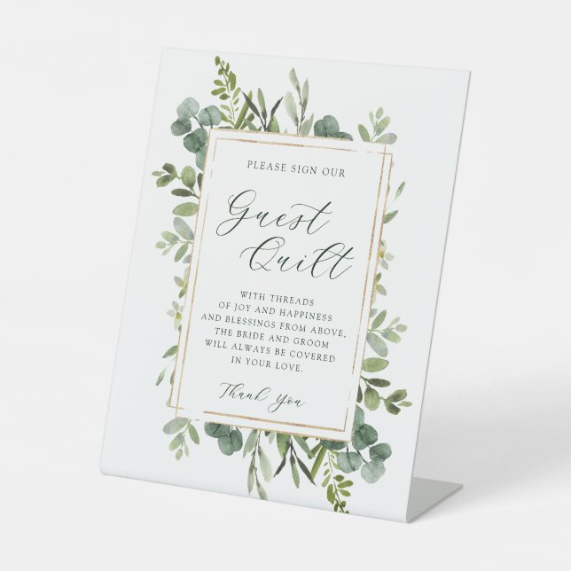 Botanical Greenery Wedding Guest Quilt Pedestal Sign (Front)