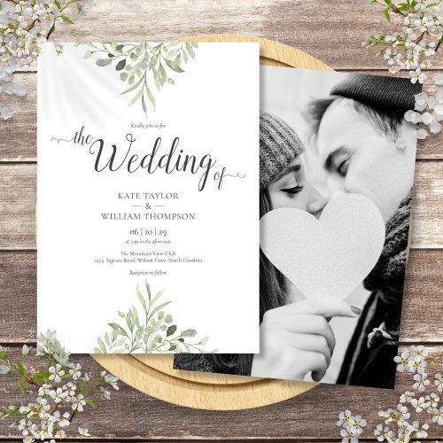 Botanical Greenery Wedding Photo Script Invitation