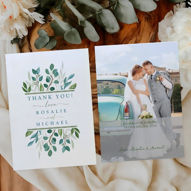 Botanical Greenery Wedding Photo Thank you Note Card (Flat Photo Wedding Thank You Card Front and Back)