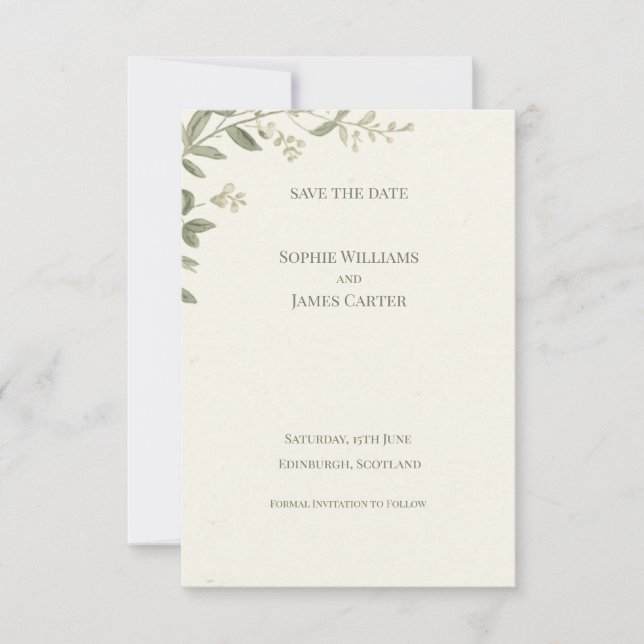 Botanical Greenery Wedding Save The Date Card | El (Front)