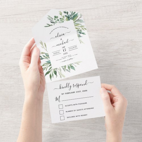 Botanical Greenery Wedding Spring Summer RSVP All In One Invitation