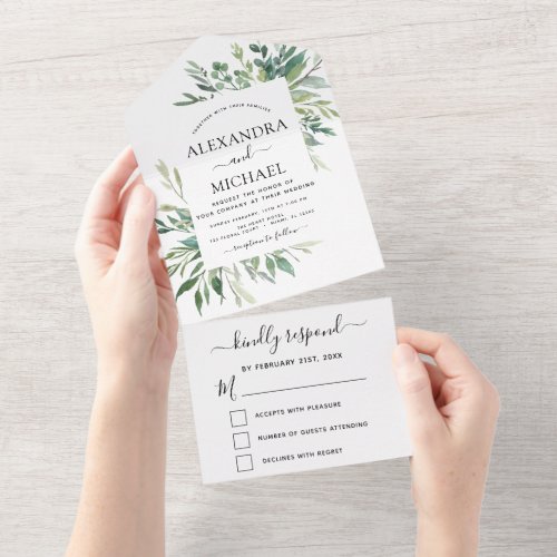 Botanical Greenery Wedding Spring Summer RSVP All In One Invitation