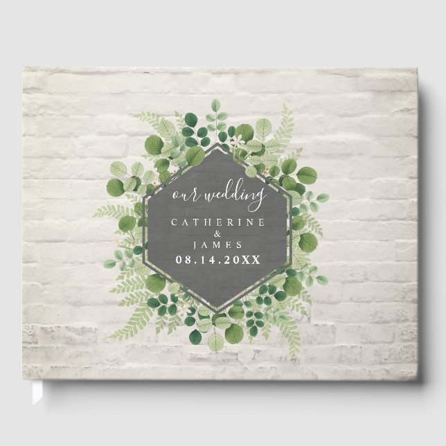 Botanical Greenery White Brick Wedding Guest Book (Front)