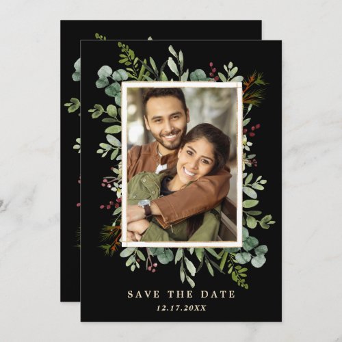 Botanical Greenery Winter Wedding Photo Black Save The Date