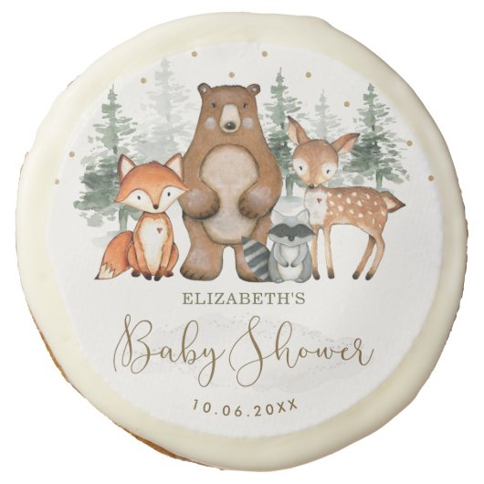 Botanical Greenery Woodland Animals Baby Shower Sugar Cookie (Front)