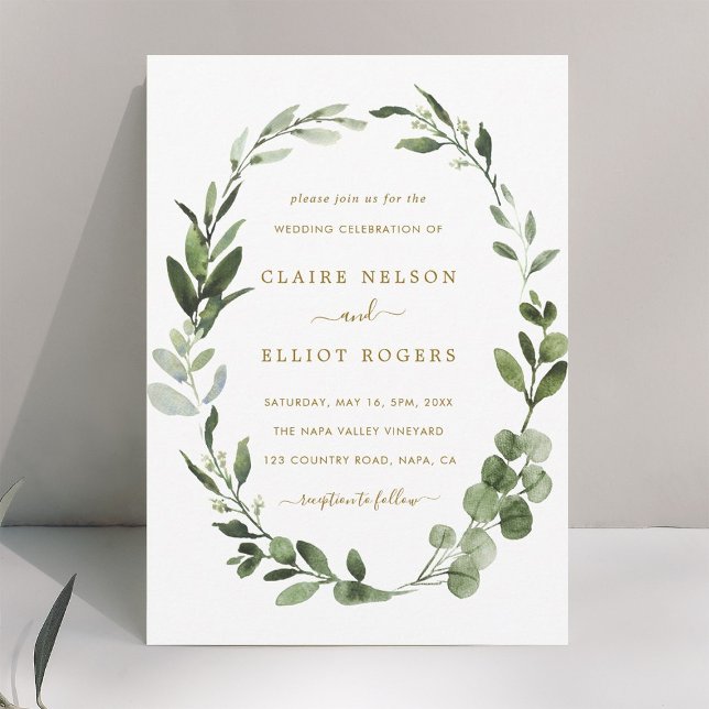 Botanical Greenery Wreath Gold Wedding Invitation (Creator Uploaded)