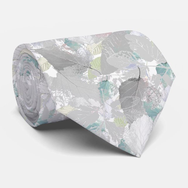 Botanical ,grey, leaves ,white and grey, turquoise neck tie (Rolled)