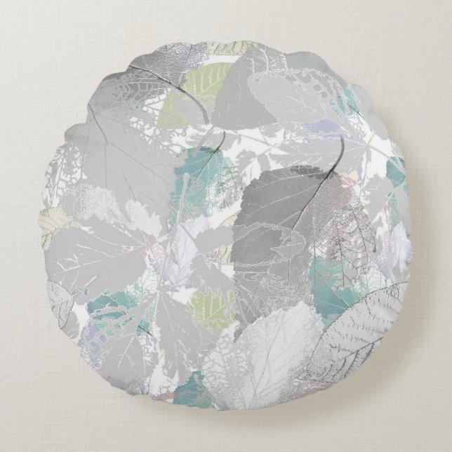 Botanical ,grey, leaves ,white and grey, turquoise round pillow (Front)