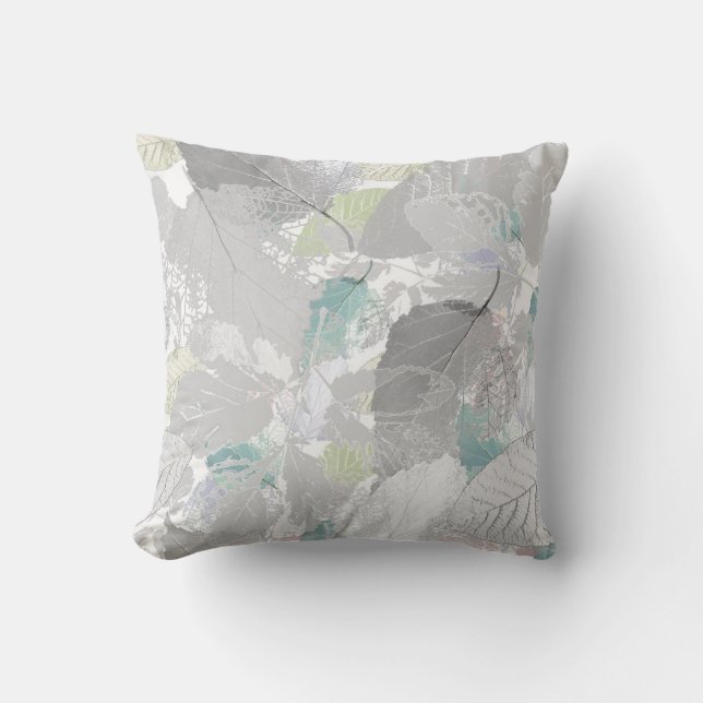Botanical ,grey, leaves ,white and grey, turquoise throw pillow (Front)