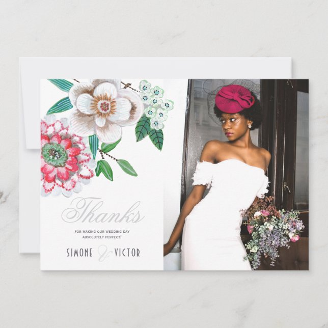 Botanical Grey Pink green Floral Thanks Save The Date (Front)