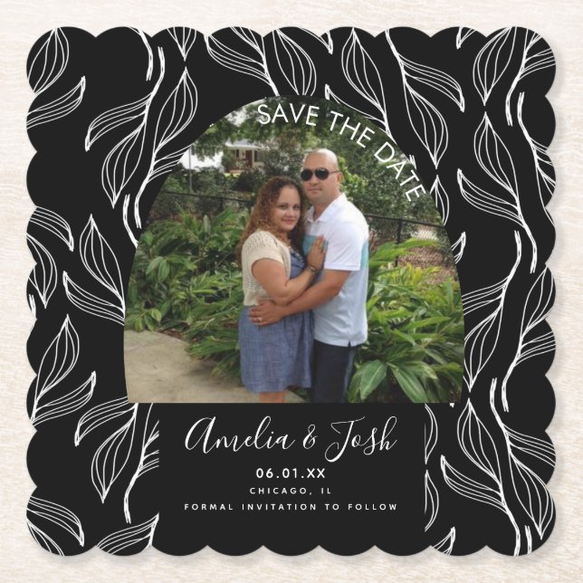 Botanical Hand Drawn Leaf Save the Date Photo   Paper Coaster (Front)