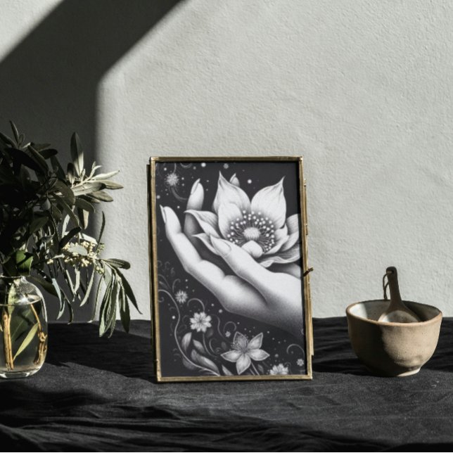 Botanical Hand Etching with Falling Petals Canvas (Mystical feminine lotus art, soft power and floral elegance for modern boho or Japandi-style decor)