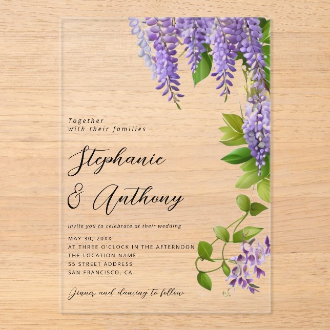 Botanical Hanging Purple Wisteria Wedding  Acrylic Invitations (Front)
