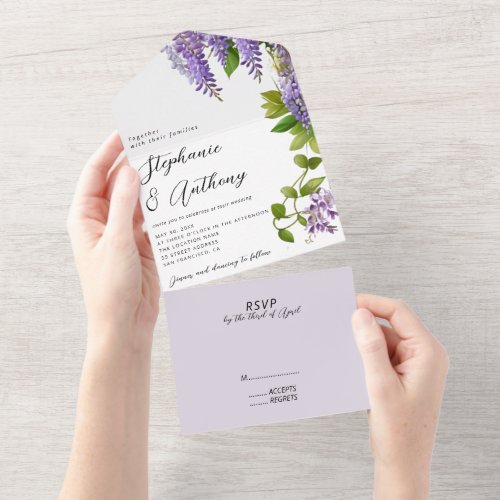 Botanical Hanging Purple Wisteria Wedding  All In One Invitation
