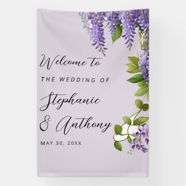 Botanical Hanging Purple Wisteria Wedding  Banner (Vertical)