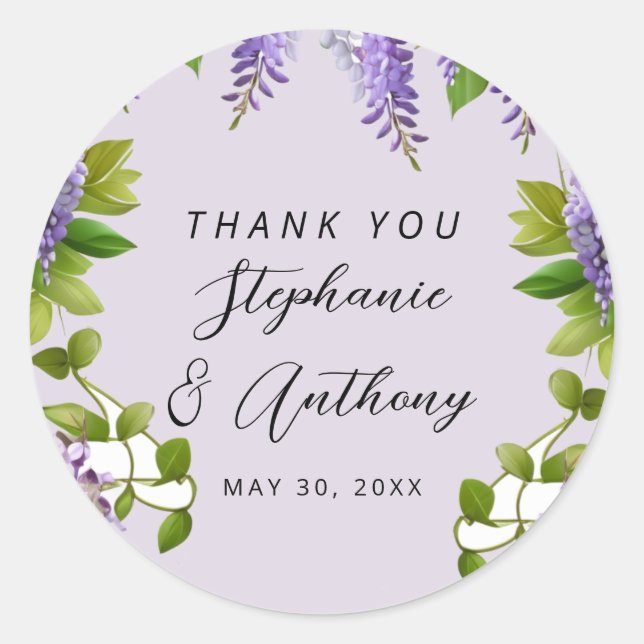 Botanical Hanging Purple Wisteria Wedding  Classic Round Sticker (Front)