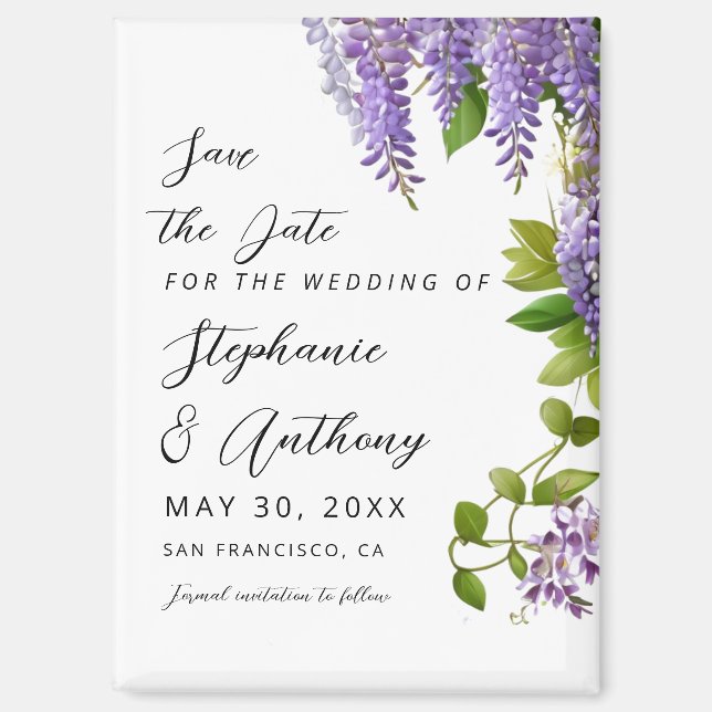 Botanical Hanging Purple Wisteria Wedding  Magnet (Front)